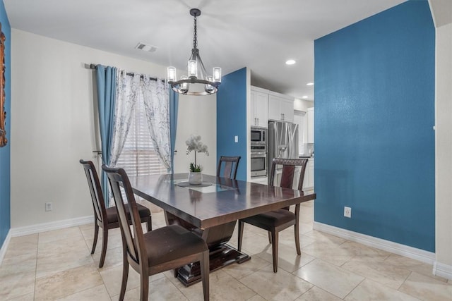 dining space with visible vents, baseboards, an inviting chandelier, light tile patterned flooring, and recessed lighting