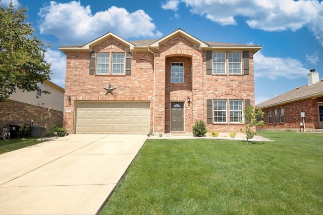 view of front of house with a garage, a front yard, and central air condition unit