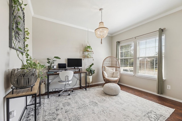 home office with ornamental molding, dark hardwood / wood-style floors, and an inviting chandelier