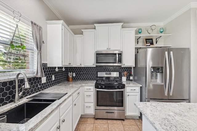 kitchen featuring decorative backsplash, ornamental molding, stainless steel appliances, and white cabinets