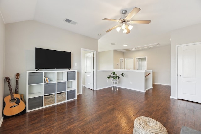 living room with lofted ceiling, dark hardwood / wood-style floors, and ceiling fan