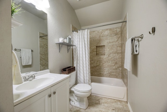 full bathroom featuring vanity, shower / bath combination with curtain, tile patterned floors, and toilet