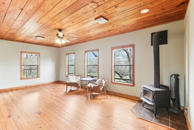 sitting room with wood ceiling, light wood-type flooring, ceiling fan, and a wood stove