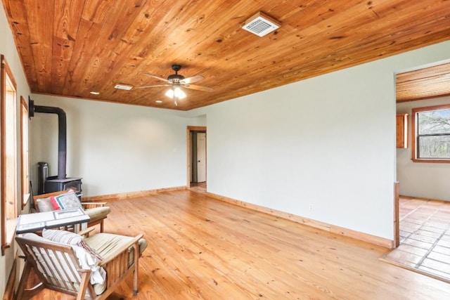 sitting room featuring ceiling fan, a wood stove, wooden ceiling, and light hardwood / wood-style floors