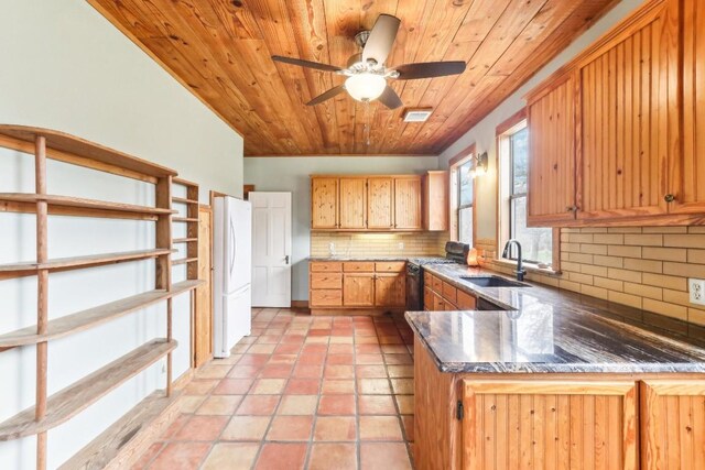 kitchen featuring sink, wood ceiling, electric range oven, kitchen peninsula, and white fridge