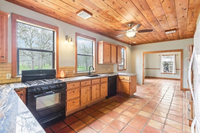 kitchen featuring wood ceiling, sink, decorative backsplash, and black appliances