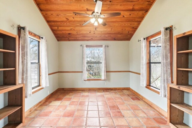 tiled empty room with vaulted ceiling, ceiling fan, and wood ceiling