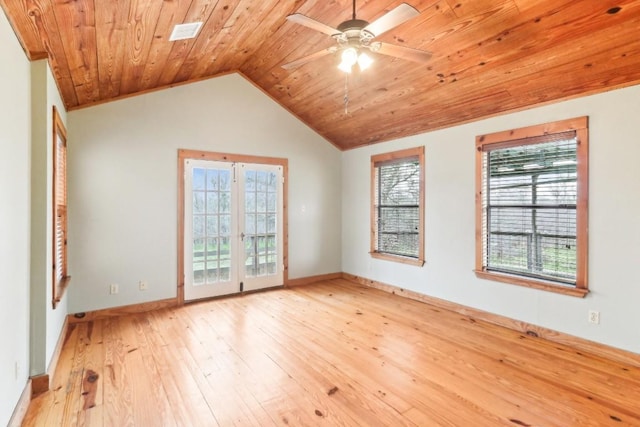 unfurnished room with lofted ceiling, wooden ceiling, ceiling fan, and light hardwood / wood-style flooring