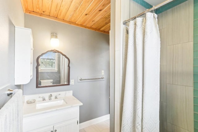 bathroom featuring a shower with curtain, vanity, toilet, and wooden ceiling