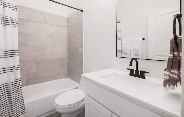 full bathroom featuring vanity, shower / bathtub combination with curtain, and toilet