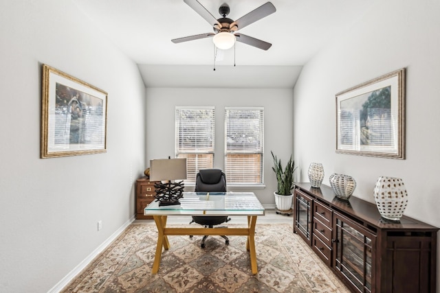 office space with ceiling fan and vaulted ceiling