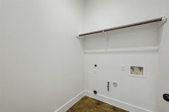 washroom with hookup for a gas dryer, laundry area, washer hookup, baseboards, and electric dryer hookup