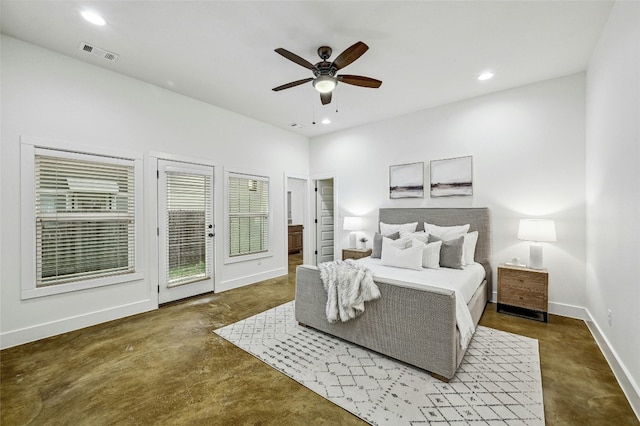 bedroom with recessed lighting, visible vents, access to outside, concrete floors, and baseboards