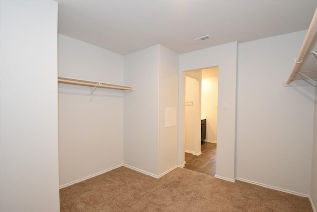 spacious closet featuring light colored carpet