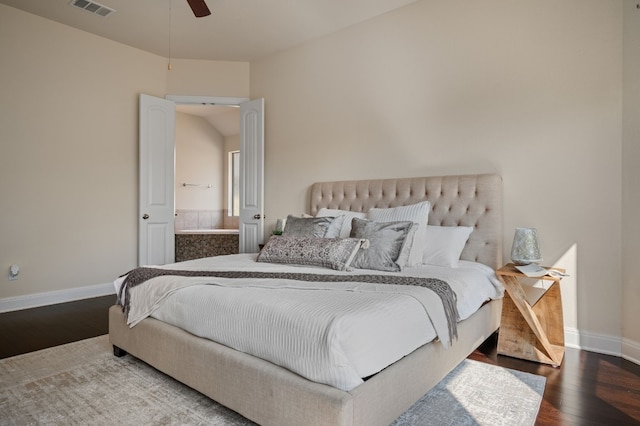 bedroom featuring hardwood / wood-style floors and ceiling fan