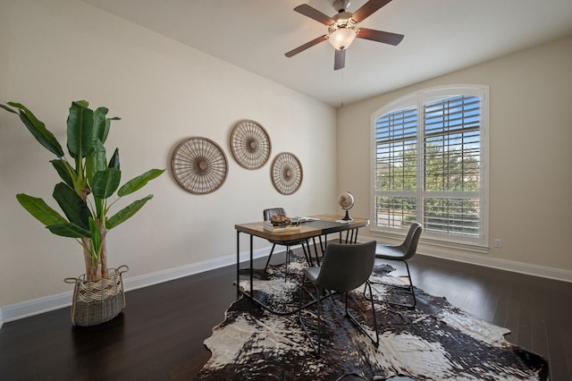 office area with ceiling fan and dark hardwood / wood-style flooring