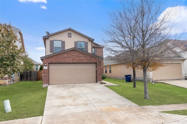 traditional-style house featuring brick siding, concrete driveway, a front lawn, and fence