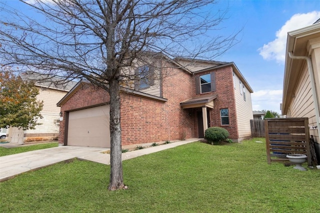 traditional-style home with a garage, a front lawn, concrete driveway, and brick siding