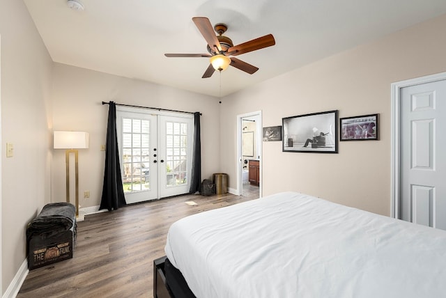 bedroom with wood-type flooring, access to exterior, ceiling fan, and french doors