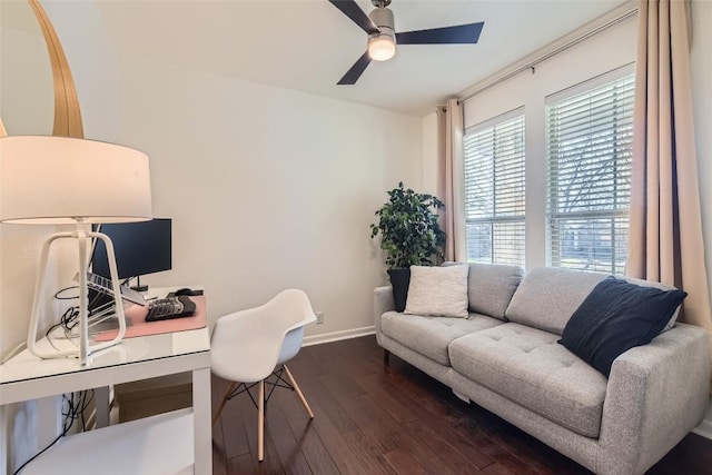 office area featuring ceiling fan and dark hardwood / wood-style floors