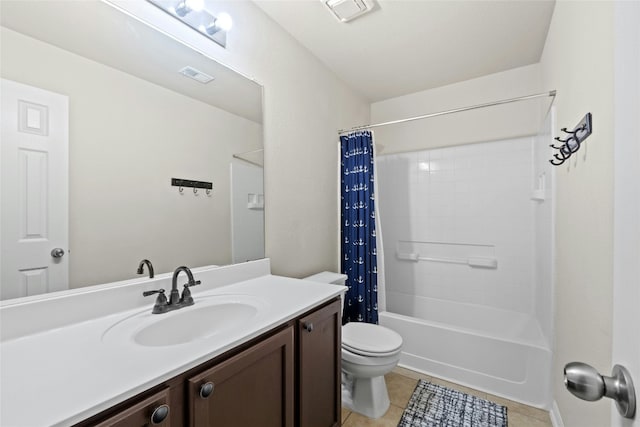 full bathroom with vanity, shower / bath combination with curtain, tile patterned floors, and toilet