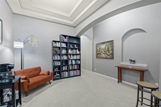 sitting room featuring a tray ceiling and light carpet