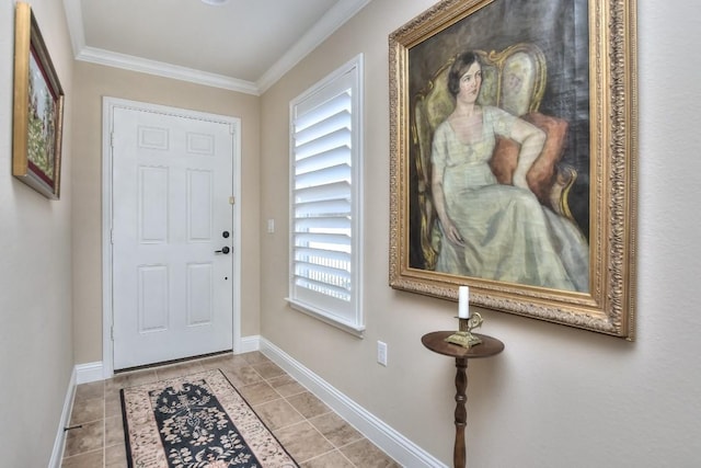 tiled foyer with crown molding