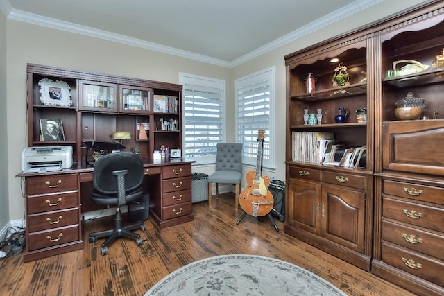 home office with ornamental molding and dark hardwood / wood-style floors