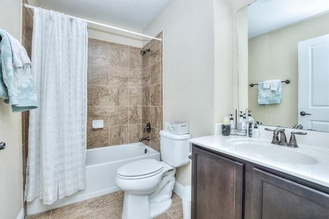 full bathroom with shower / bathtub combination with curtain, vanity, tile patterned floors, and toilet