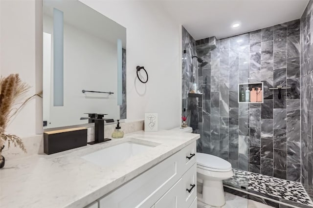 1200 E 52nd St Unit 108, Austin, TX 78723 - full bathroom with vanity, tiled shower, recessed lighting, and marble finish flooring