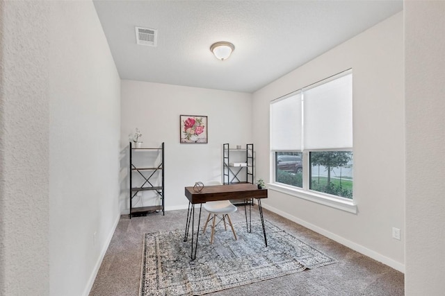 carpeted home office featuring a textured ceiling