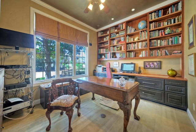 office featuring ornamental molding and ceiling fan