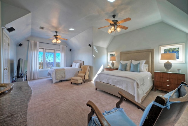 carpeted bedroom with vaulted ceiling and ceiling fan