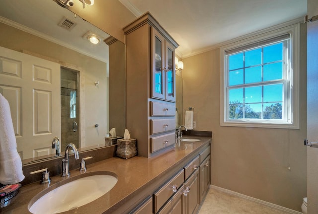 bathroom featuring walk in shower, ornamental molding, and vanity