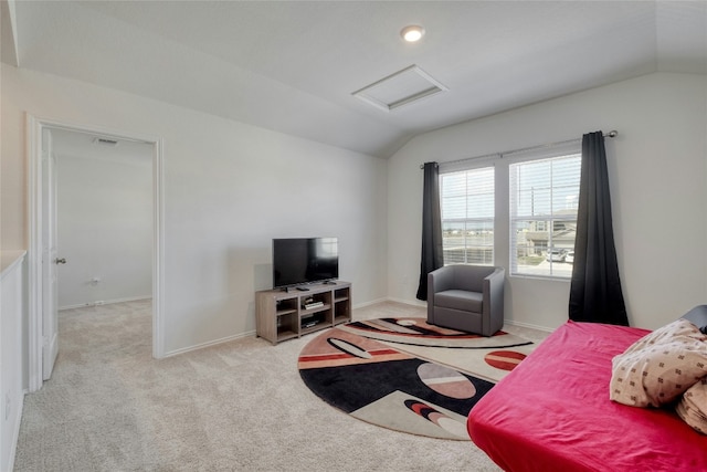 living room with vaulted ceiling and light carpet