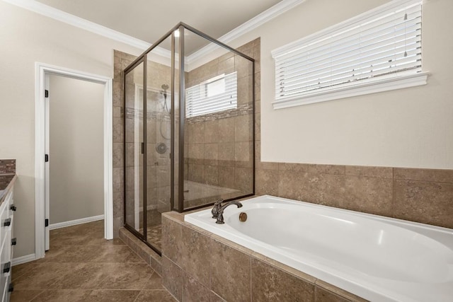 bathroom with crown molding, vanity, and separate shower and tub