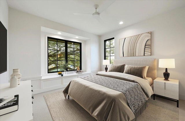 3008 W 50th St, Austin, TX 78731 - bedroom featuring light carpet, recessed lighting, and a ceiling fan