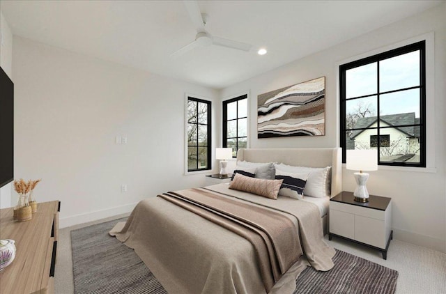 3008 W 50th St, Austin, TX 78731 - bedroom featuring light colored carpet, recessed lighting, and ceiling fan