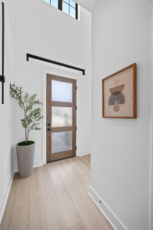 foyer with light hardwood / wood-style flooring and a high ceiling