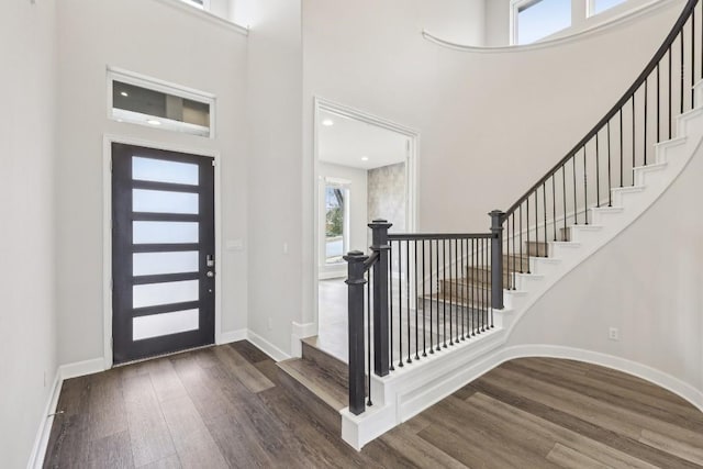 foyer entrance featuring a high ceiling and dark hardwood / wood-style flooring