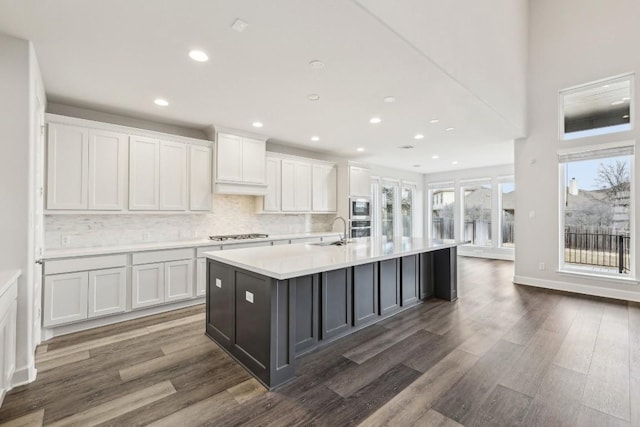 kitchen with stainless steel appliances, white cabinetry, sink, and a center island with sink