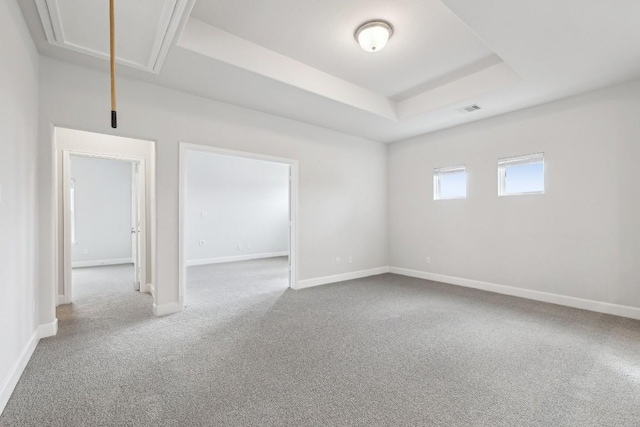 unfurnished room featuring carpet floors and a raised ceiling