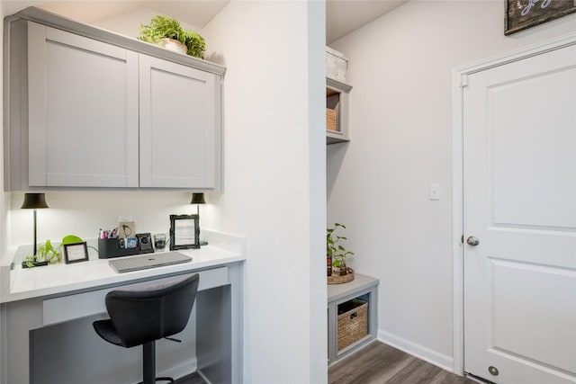 office featuring dark wood-type flooring and built in desk