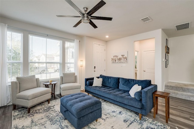 286 Delaware Mountains Ter, Dripping Springs, TX 78620 - living area featuring wood finished floors, healthy amount of natural light, ceiling fan, baseboards, and recessed lighting