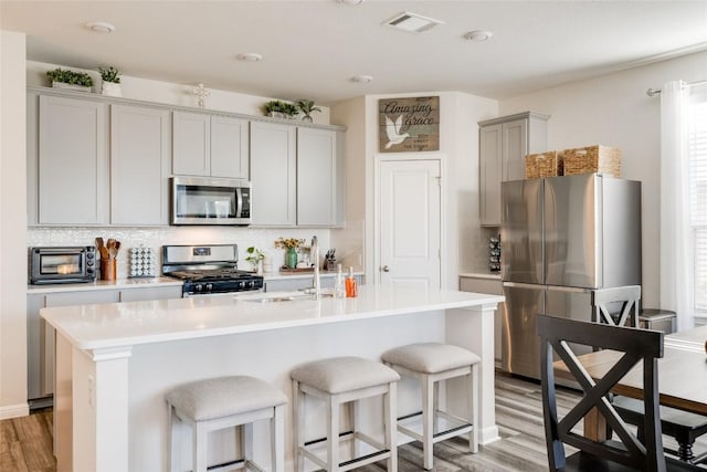 kitchen with stainless steel appliances, a kitchen island with sink, gray cabinetry, and decorative backsplash