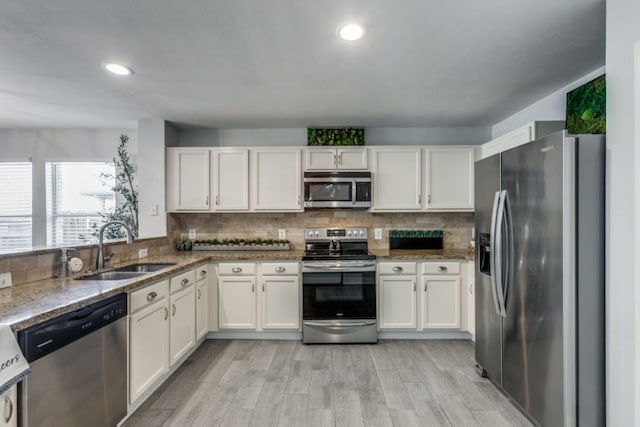 kitchen with white cabinetry, appliances with stainless steel finishes, sink, and backsplash