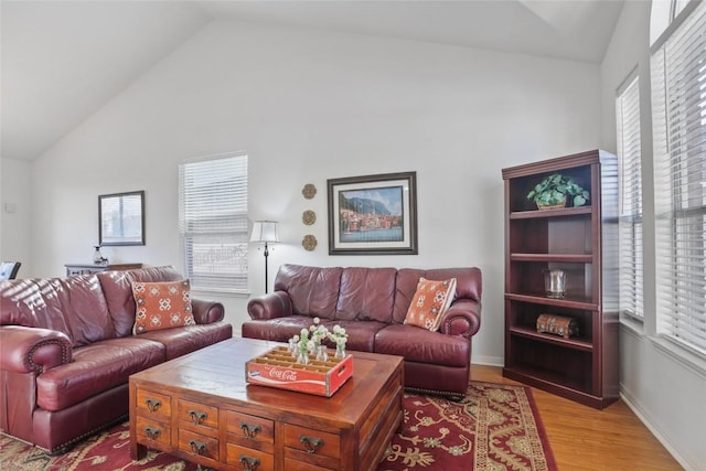 living room with lofted ceiling and light wood-type flooring