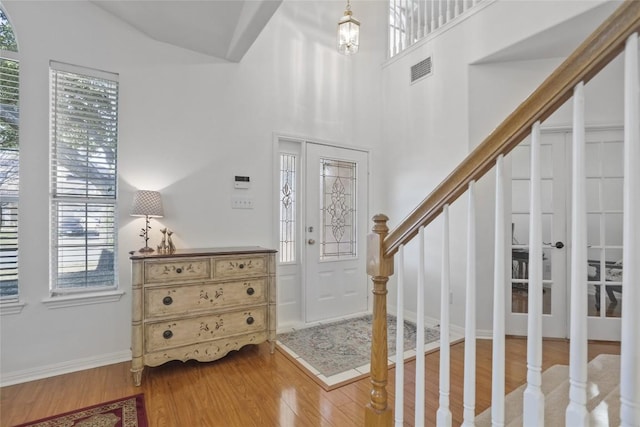 entrance foyer featuring a high ceiling, wood-type flooring, and a wealth of natural light