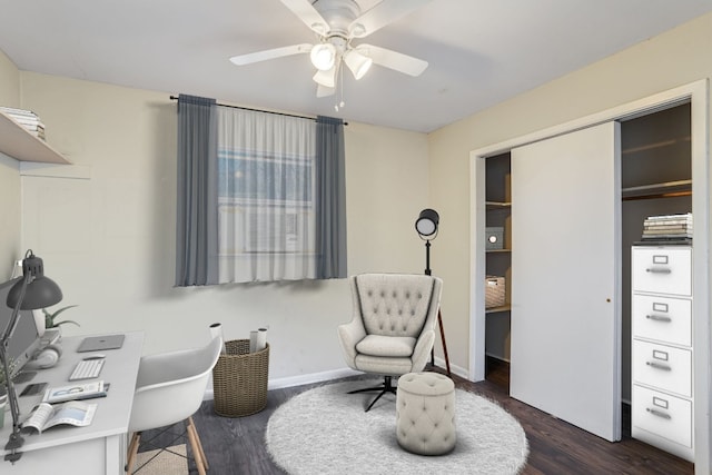 office area with dark hardwood / wood-style floors and ceiling fan