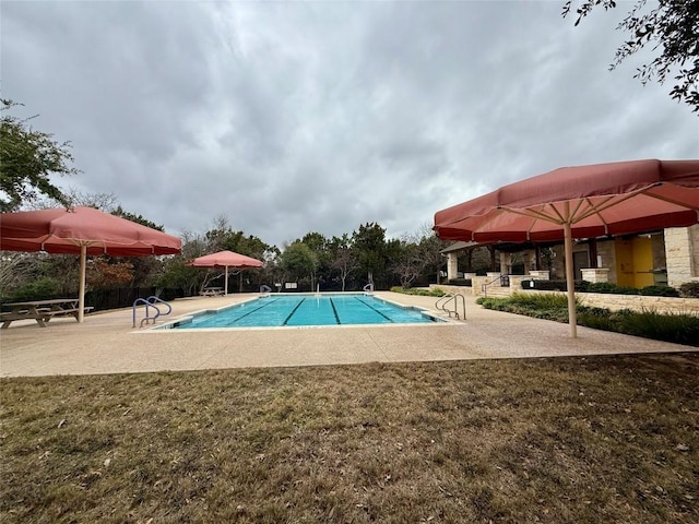 view of pool featuring a patio area and a lawn